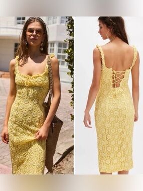 NWT Free People Lucinda Lace-Up Floral Midi Dress Sunshine Small